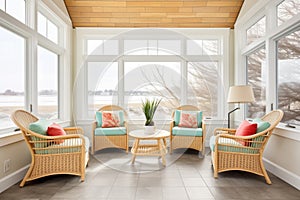 bright sunroom with stone walls, wicker chairs