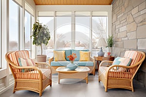 bright sunroom with stone walls, wicker chairs