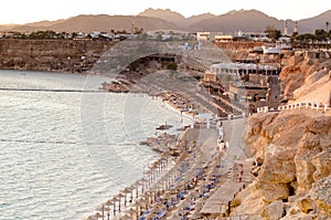 Bright Sunset on Hotels coast line in Sharm el Sheikh, South Sinai, Egypt