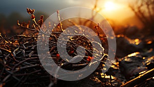 Bright sunset illuminates vibrant autumn tree in a meadow generated by AI