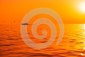 Bright sunset or sunrise at quit ocean with fishing boat and birds