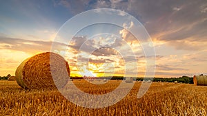 Bright sunset on threshed wheat field