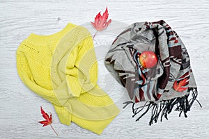 Bright sweater and scarf, red apple, autumn leaves. Fashionable concept