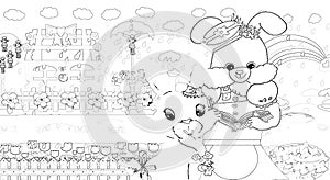 Bright Sweet Cartoon Girl Bunny Rabbits Smiling and Happy with Home and Flowers Coloring Page 2022