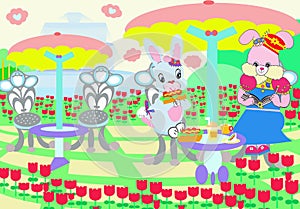 Bright Sweet Light Blue Pink Cartoon Bunny Rabbits Enjoying Snacks in a Field of Many Tulip Flowers in Springtime Illustration