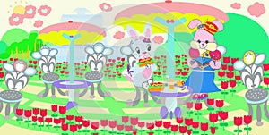 Bright Sweet Light Blue Pink Cartoon Bunny Rabbits Enjoying Snacks in a Field of Many Tulip Flowers in Springtime Illustration