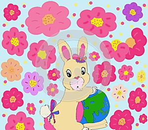 Bright sweet light brown pink cartoon girl bunny rabbit with pink red plum blossom flower art in background 2021