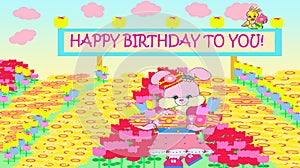 Bright Sweet Pink Cartoon Girl Bunny Rabbit with Birthday Greeting Holding Colorful Daisies and Tulips Illustration 2022