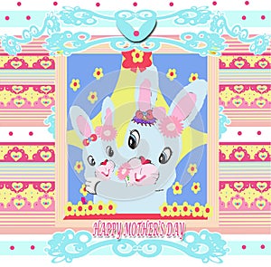 Bright sweet smiling Mother`s Day cartoon bunny rabbits with blue pink yellow hearts and ribbons design illustration 2022
