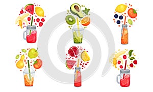 Bright Sweet Smoothies in Jars with Straw Sticked out From it and Floating Around Ingredients Vector Set