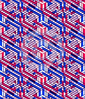 Bright symmetric seamless pattern with interweave figures. Continuous geometric composition with transparency effects, for use in