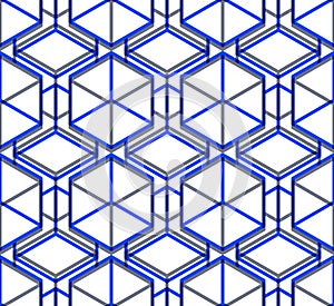 Bright symmetric seamless pattern with interweave figures. Continuous geometric composition with transparency effects, for use in