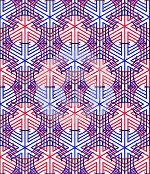 Bright symmetric seamless pattern with interweave figures. Continuous geometric composition with transparency effects, for use in