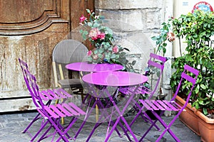 Bright tables and flowers at the Paris cafÃ©