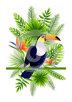 Bright toucan bird with tropical leaves and flowers - for Your summer design 4