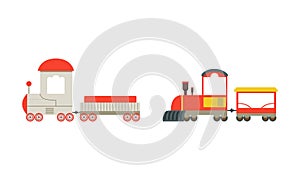 Bright Toy Train or Locomotive Models as Rail Transport Vehicle with Wagon Vector Set