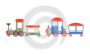 Bright Toy Train or Locomotive Models as Rail Transport Vehicle with Wagon Vector Set