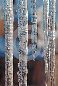 Bright transparent icicles against the background of the blue sky.