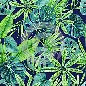 Bright trendy seamless watercolor pattern of tropical plants from humid rainforest.