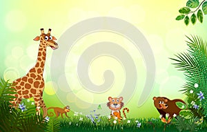 Bright tropical background with cartoon; jungle; animals;