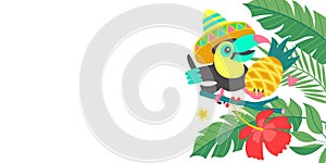 Bright tropical background with a cheerful toucan. Vector illustration