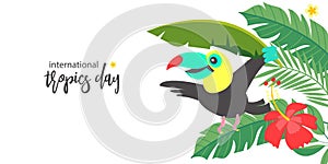 Bright tropical background with a cheerful toucan. Vector illustration