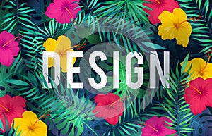 Bright tropical background. Exotic pattern jungle plants palm leaves flower rainforest hawaiian nature green art card