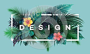 Bright tropical background with jungle plants. Exotic pattern with palm leaves