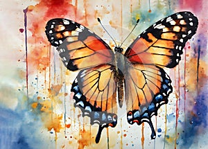 a bright tropical butterfly painted in watercolors on paper in watercolor stains.
