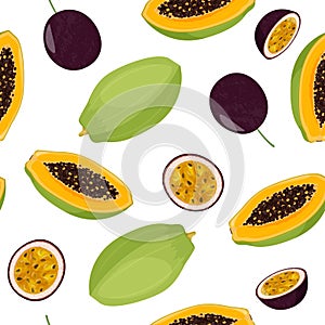 Bright tropical fruit papaya and passion fruit background. Summer seamless pattern