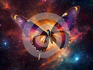 bright tropical purple butterfly in the expanses of the universe. butterfly and galaxy
