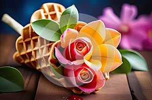 bright tulips in a waffle ice cream cone, spring blossom idea, decorative festive trend