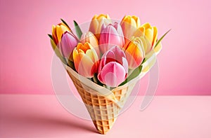 bright tulips in a waffle ice cream cone, spring blossom idea, decorative festive trend