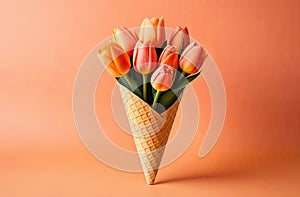 bright tulips in a waffle ice cream cone, spring blossom idea, decorative festive trend
