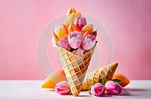 bright tulips in a waffle ice cream cone, spring blossom idea, decorative festive trend