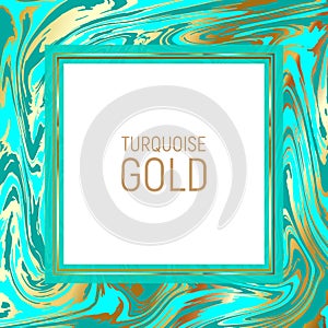 Bright turquoise blue marble paper vector texture imitation, golden streaks effect