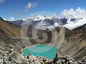 A bright turquoise lake on the Salkantay trek on the way to Macchu Picchu in the Peruvian Andes