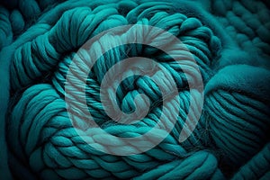 Bright turquoise woolen threads. Brains from yarn macro view knitting hobby needlework. Handmade natural rope skein warm