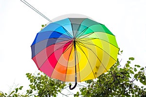 Bright umbrella in the festive decoration of the city