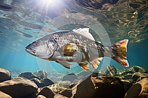 Bright underwater view of a fish are swimming upstream in the clear water on a river stream