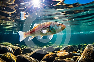 Bright underwater view of a fish are swimming upstream in the clear water on a shallow river