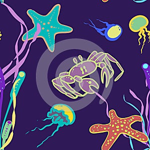 Bright underwater world. Vector seamless pattern with starfishes, crabs, jellyfishes, corals and seaweed. Good for wrapping, paper