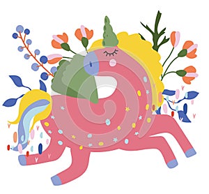 Bright unicorn with colorful the tail, flowers and leaves. Fantastic Unicorn in flat style. Fairy horse for your design