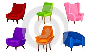 Bright Upholstered Armchairs and Chairs Isolated on White Background Vector Set