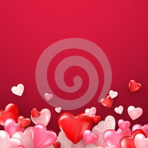 Bright Valentine`s day or Mother`s day background. Groupe of glossy red hearts. Vector