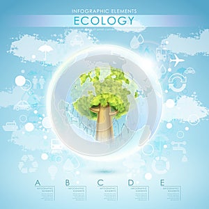 Bright vector ecology template with tree and earth