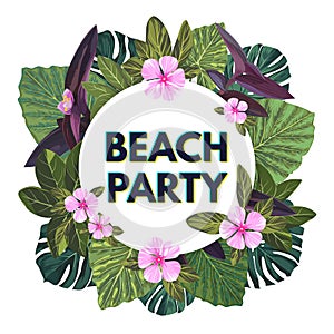 Bright vector floral banner template for summer beach party. Tropical flyer with green exotic palms and pink flowers.