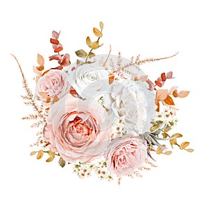 Bright vector floral bouquet design. Blush peach, pale pink Rose, ivory white wax flowers, golden brown, orange red fall