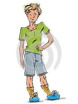 Bright vector full-length drawing of a fair-haired cool Caucasian teenager, colorful cartoon hand-drawn blond youngster wearing g