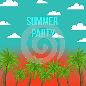 Bright vector illustration with coconut palms, sunset sky, clouds and text `summer party`.